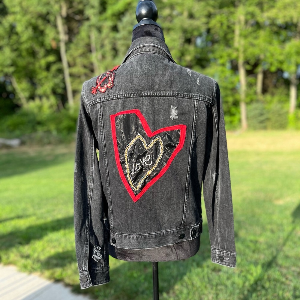 NWT. Sanctuary embellished denim jacket.Washed, distressed black.Women’s size XS